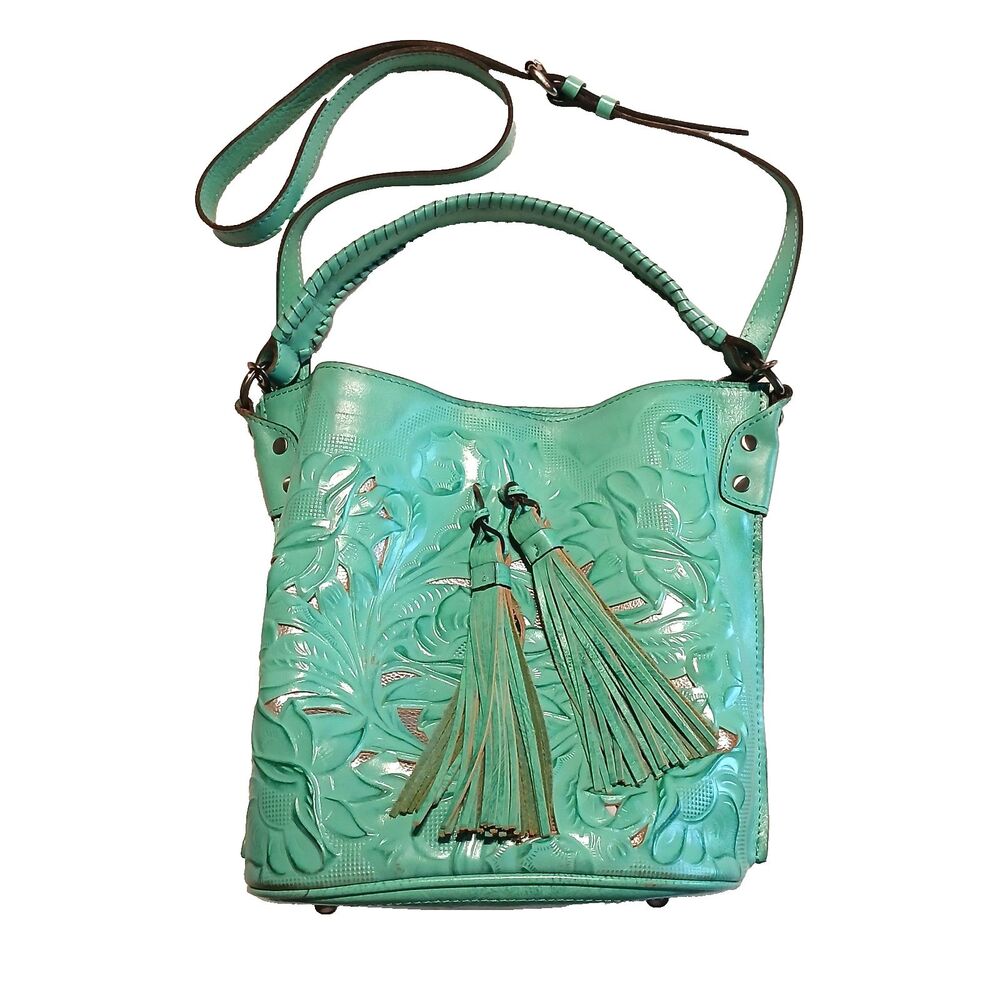 Patricia Nash Otavia Cut Out Tooled Leather Bucket Bag Turquoise Caribbean Blue